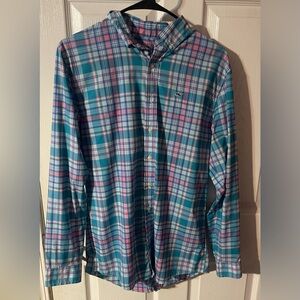Vineyard Vines Performance Shirt Boys XL Blue Pink Plaid Button Down Stretch